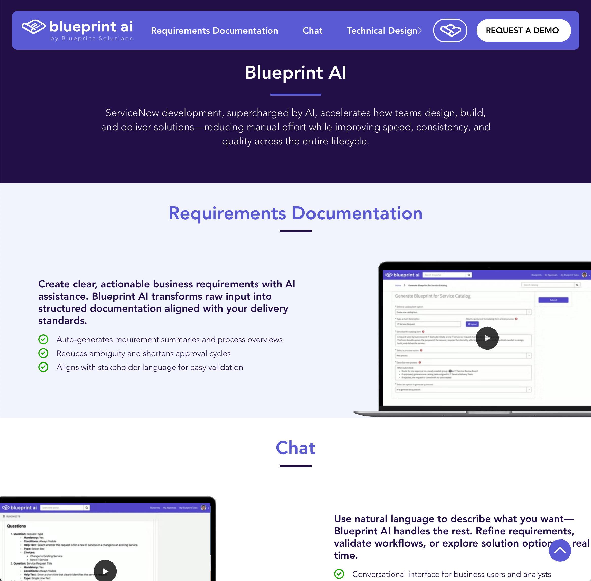 The features page: eight capability sections on the pale panel background, each with a description and three benefits
