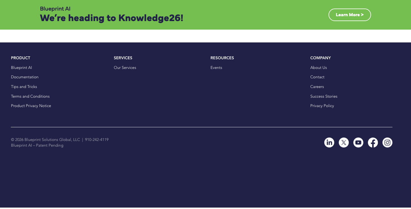 The Knowledge26 announcement bar and the four-column footer showing the Product, Services, Resources and Company structure