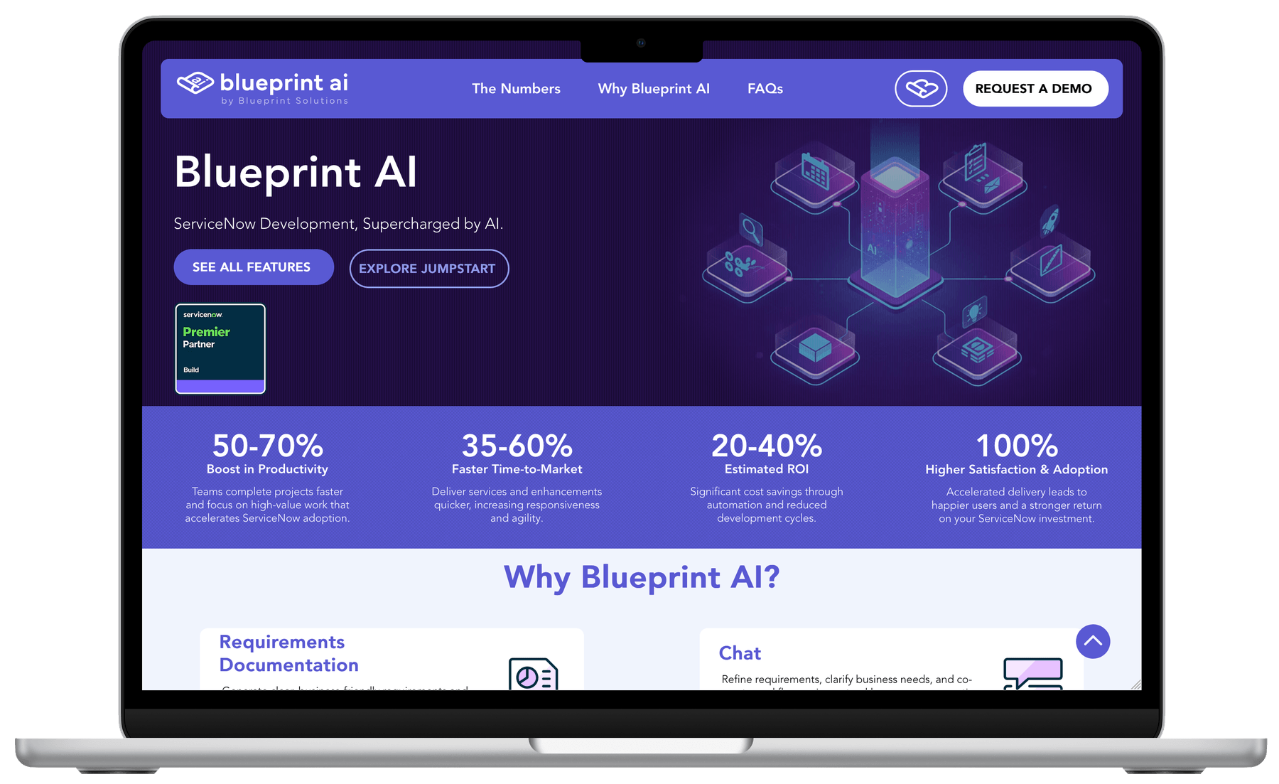 The Blueprint AI homepage on a laptop: deep violet hero, the product wordmark, and the four-figure performance band below it