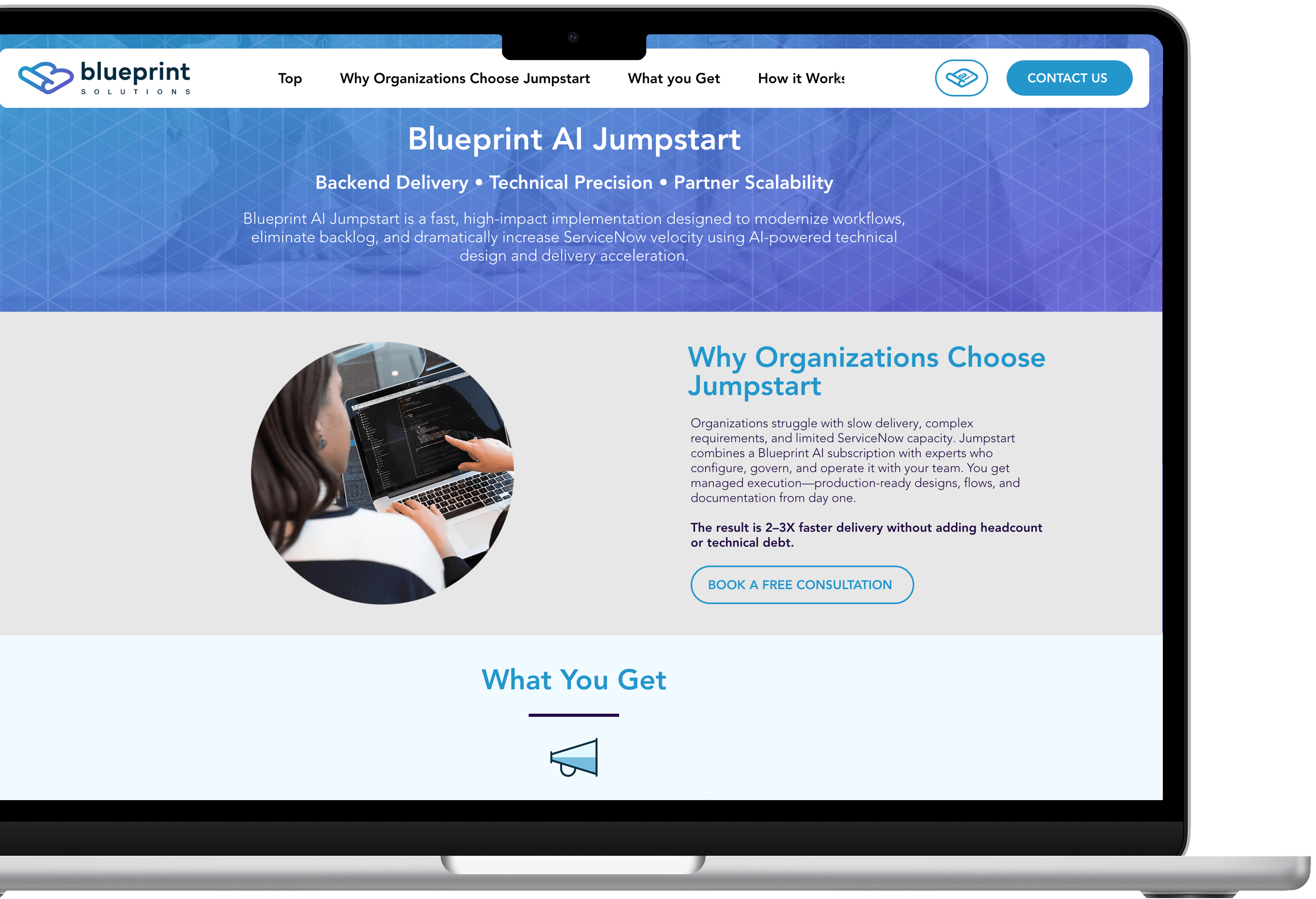 The Jumpstart service page with its three-phase structure and consultation call to action
