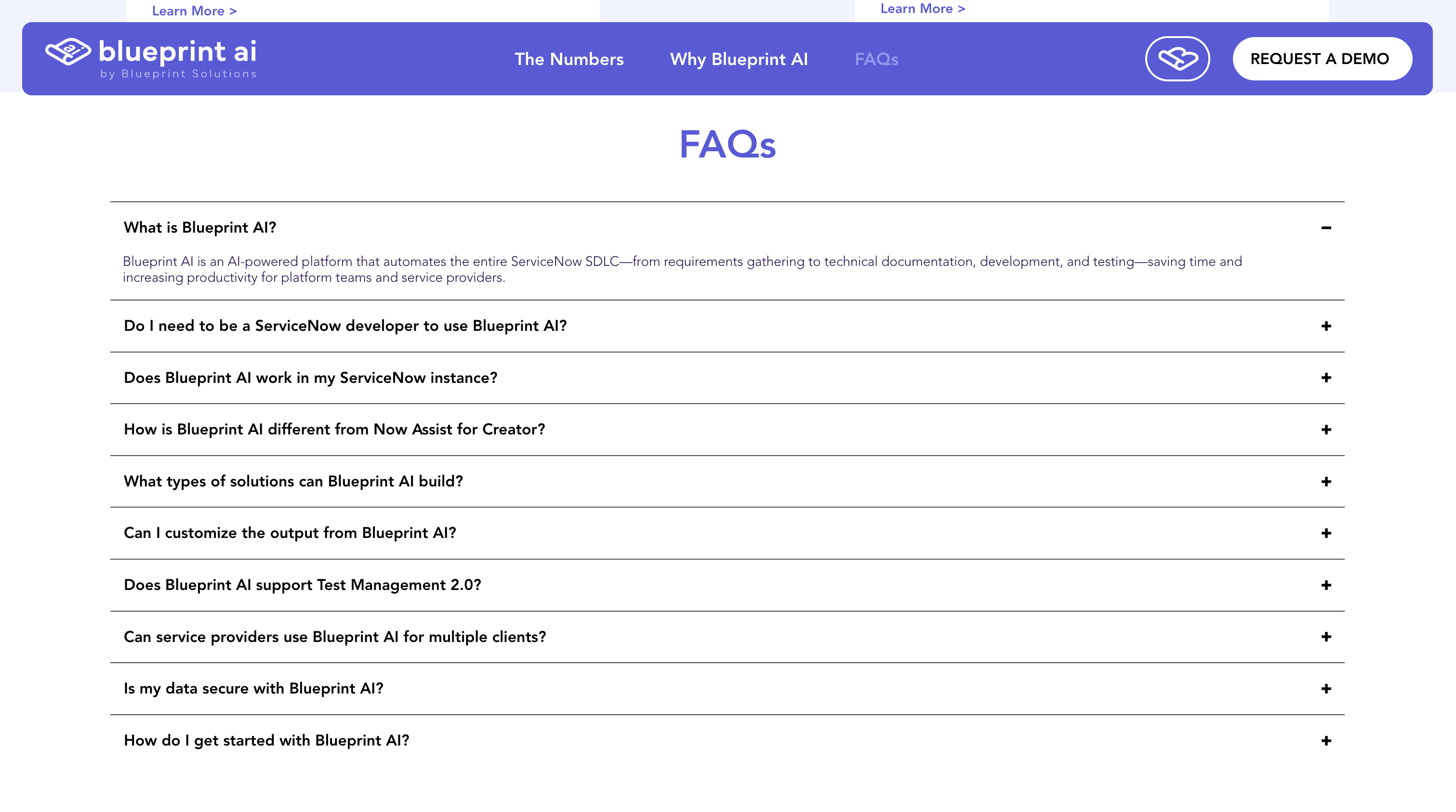 The FAQ accordion, including the question comparing Blueprint AI to Now Assist for Creator