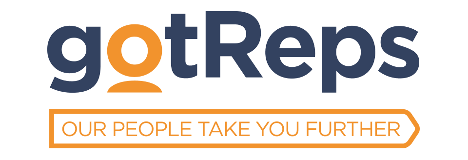 The gotReps logo: navy lowercase wordmark with the letter o rendered as an orange location-pin symbol, and the tagline Our People Take You Further