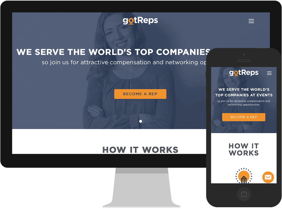 The gotReps homepage on desktop and mobile: a full-bleed photo, the headline We Serve The World's Top Companies, and a Become a Rep call to action