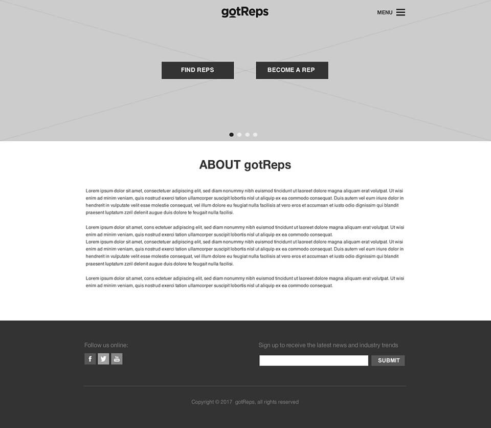 Homepage wireframe with Find Reps and Become a Rep call-to-action buttons over a full-width image slider