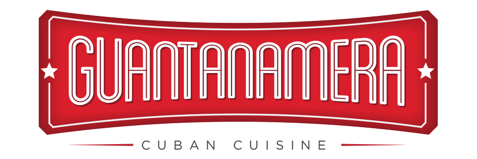 The Guantanamera primary lockup: red plate, inline condensed capitals, two stars, and CUBAN CUISINE letterspaced below