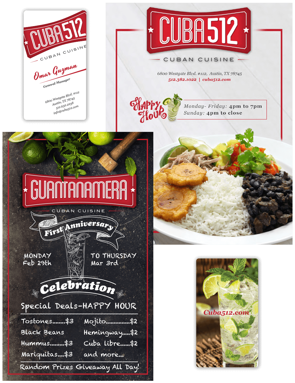 Stationery and campaign print: business card, letterhead with happy hour, the First Anniversary chalkboard poster, and food photography