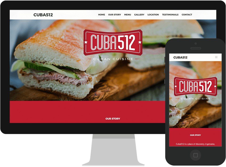The one-page responsive website on desktop and phone: full-bleed sandwich photograph, centered plate lockup, and the Our Story band in brand red
