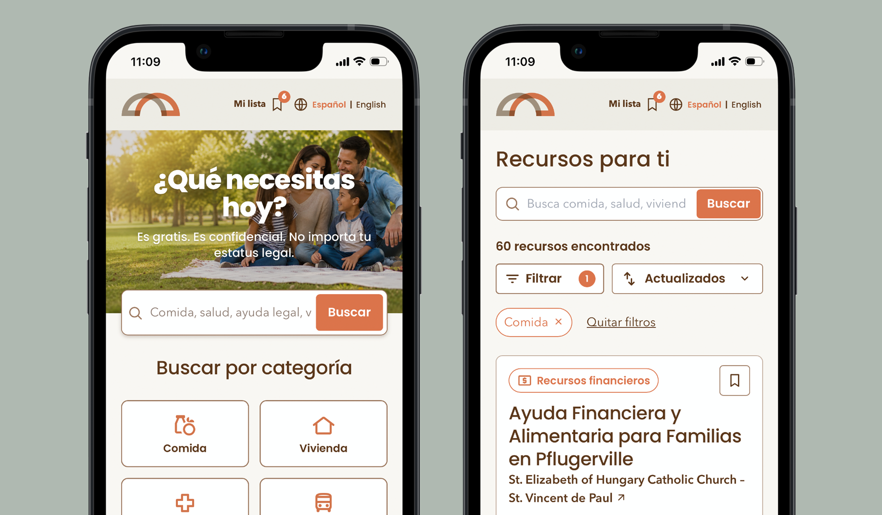 Puente ATX bilingual community resource finder shown on two phones